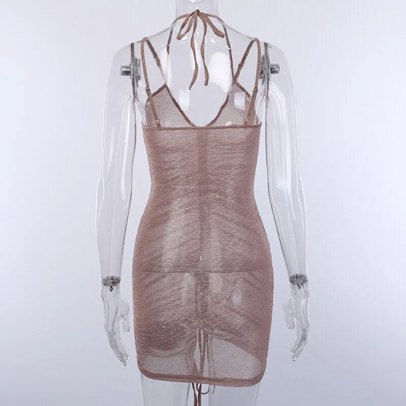 Women's V-Neck Mesh Sleeveless Skinny Mini Dress