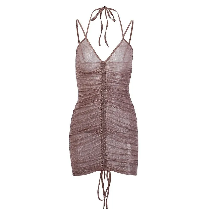 Women's V-Neck Mesh Sleeveless Skinny Mini Dress