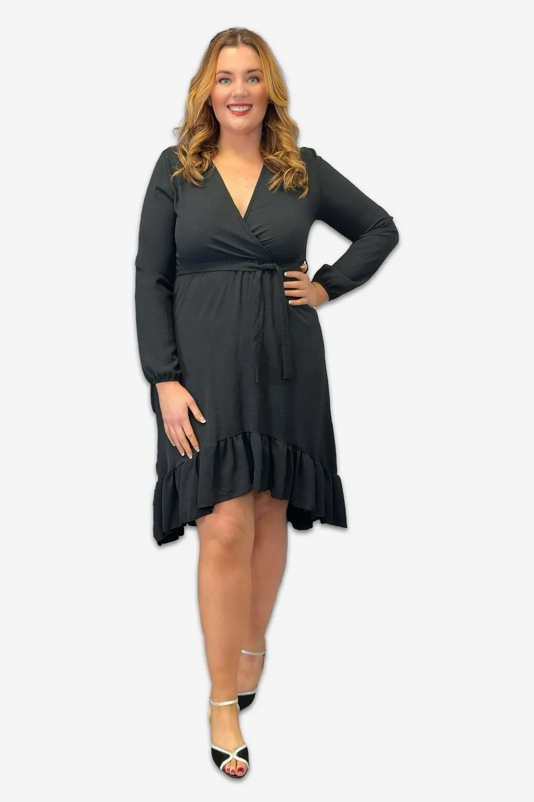 Wrap Plus Size Dress with Ruffle Detail in Black, Pink or Forest Green